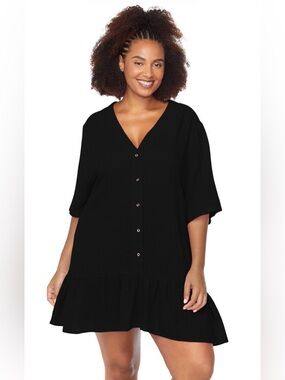 Raisins Curve Black Cover Up 1X NWT Cotton Button Front Ruffle Hem Beach